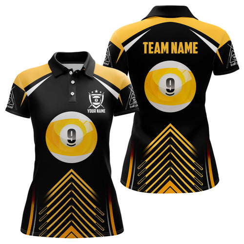 9 Ball Black Yellow Version Custom Billiard Polo Shirts For Women, 9 Ball Pool Billiards Jerseys VHM0143