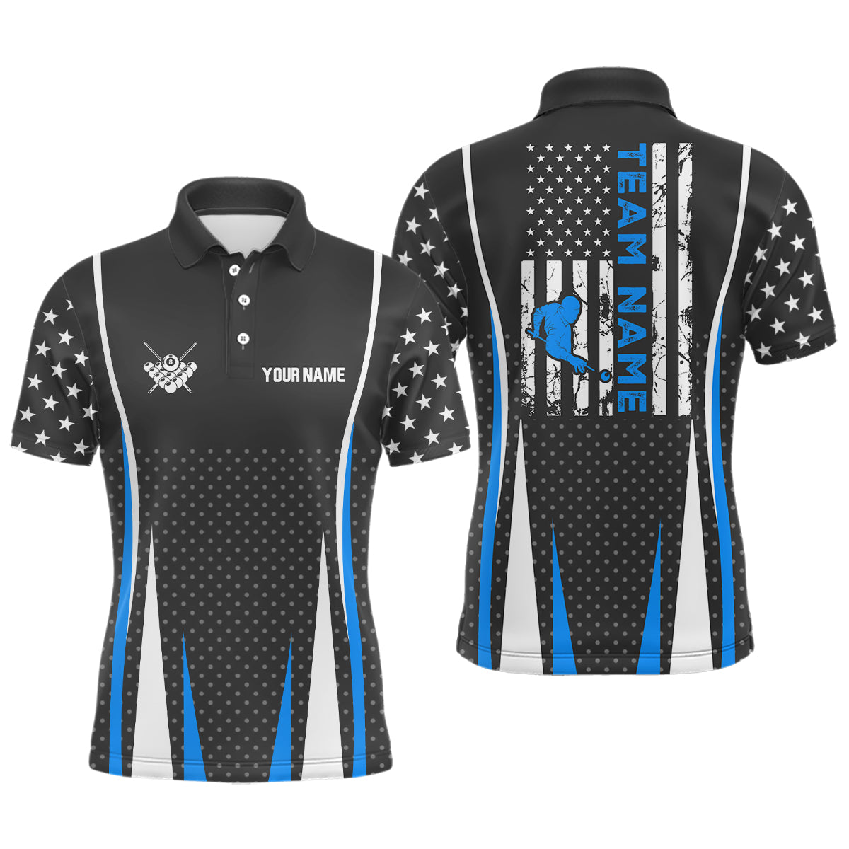 Personalized US Flag Pattern Blue Billiard Polo Shirts For Men, Player Billiards Team Jerseys VHM0144