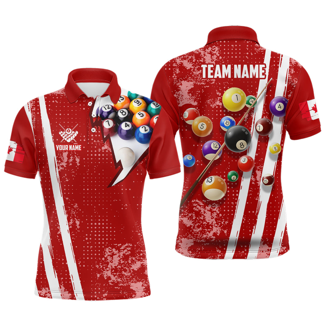 Personalized Red 3D Billiard Balls Polo Shirts For Men, Custom Canadian Flag 8 Ball Pool Jerseys VHM0757