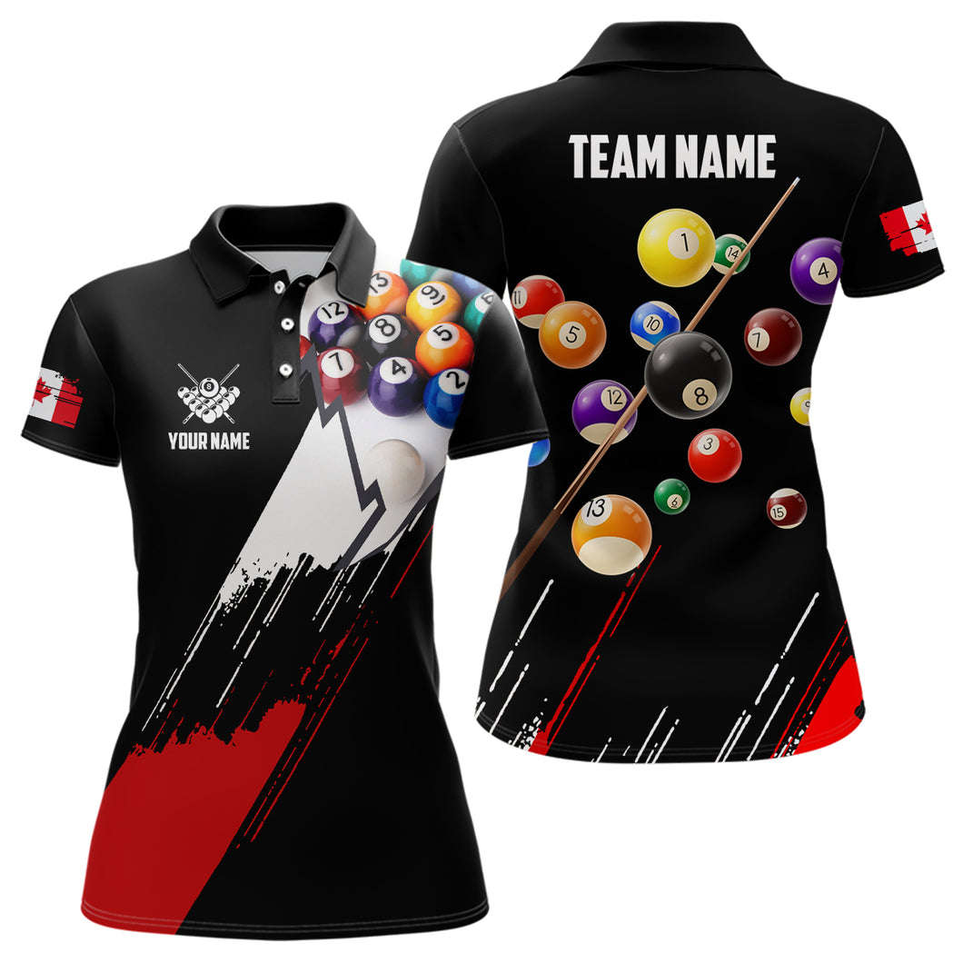 Personalized Red Black Billiard Balls Polo Shirts For Women, Custom Canadian Flag 8 Ball Pool Shirts VHM0758