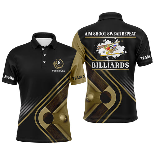 Billiards Aim Shoot Swear Repeat Custom Name Billiard Polo Shirts For Men, Mens Billiard Jerseys VHM0004