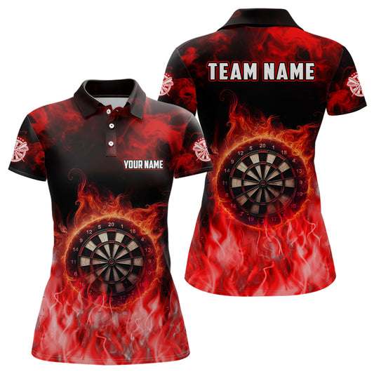 Personalized Fire Flame Red Dart Polo Shirts For Women, Dart Team Jerseys Custom Womens Dart Shirts VHM1084