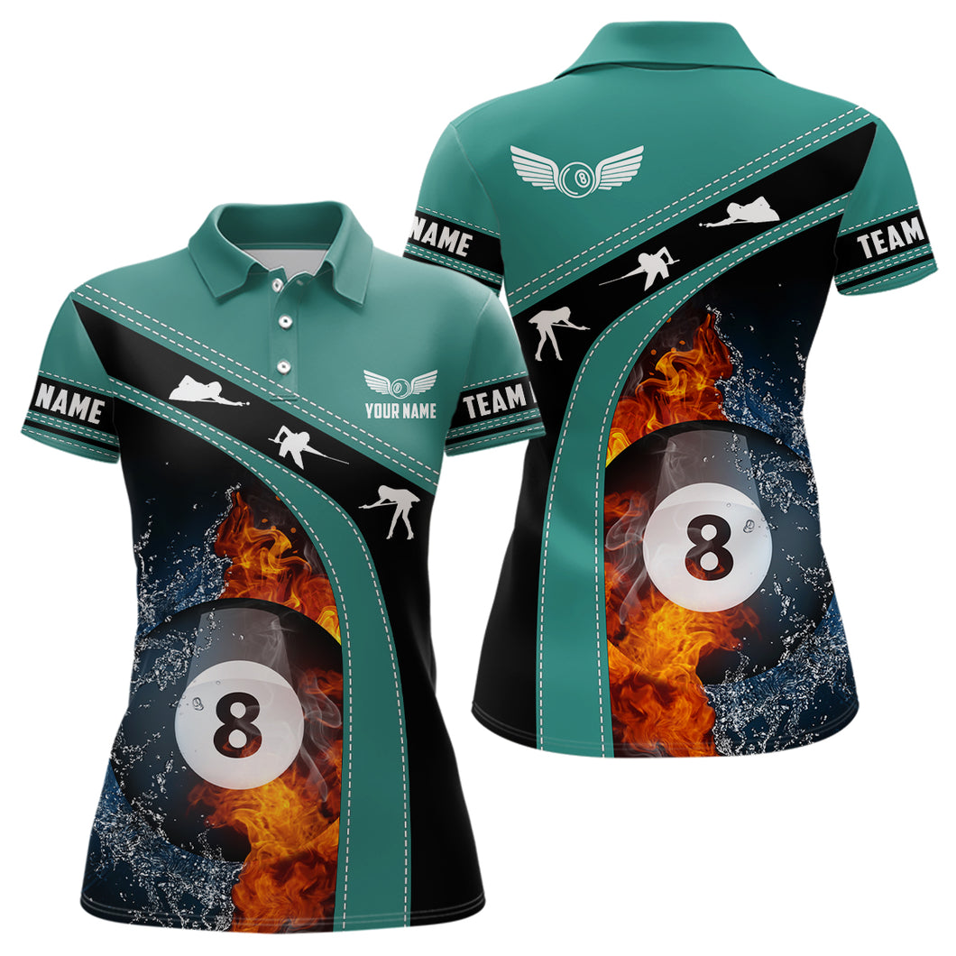 Personalized Fire And Water 8 Ball Billiard Green Black 3D Polo Shirts For Women, Billiards Jerseys VHM0391