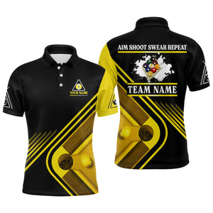 Billiards Aim Shoot Swear Repeat Custom Name Billiard Polo Shirts For Men, 9 Ball Team Shirts VHM0596