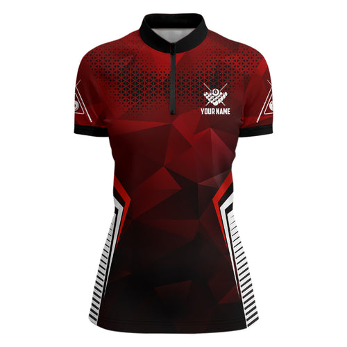 Personalized Red Black 8 Ball Pool 3D Quarter-Zip Shirts For Women, Custom 8 Ball Billiard Jerseys VHM0770