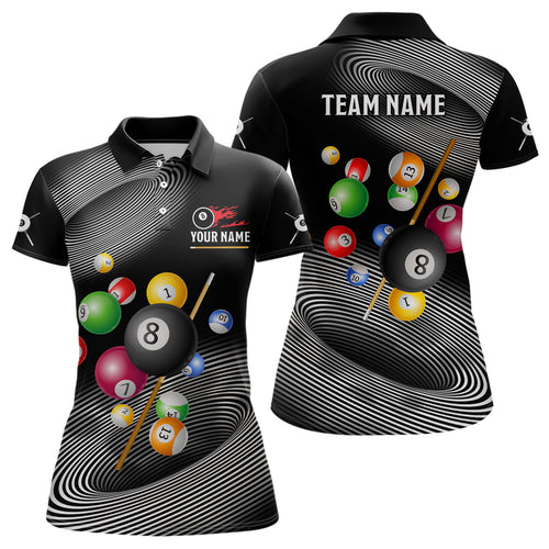 Personalized White Black Billiard Ballls 3D Polo Shirts For Women, Custom 8 Ball Pool Team Shirts VHM0784