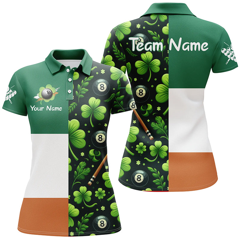 St Patrick's Day Ireland Flag Custom Women Billiard Polo Shirts, Lucky Green Clover Billiard Shirts TDM1073