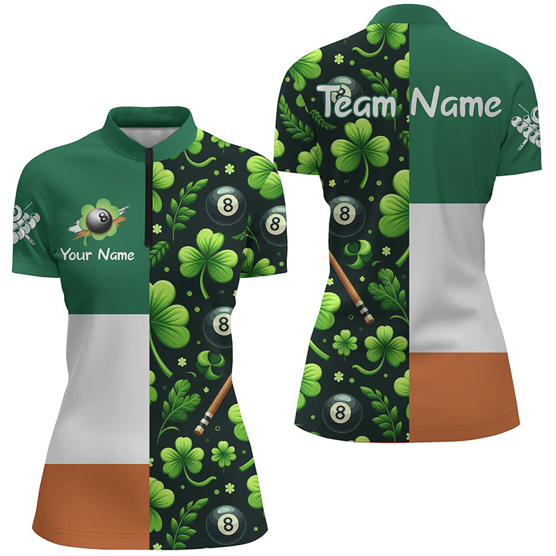 St Patrick Day Ireland Flag Custom Women Billiard Quarter-Zip Shirt Lucky Green Clover Shirt TDM1073