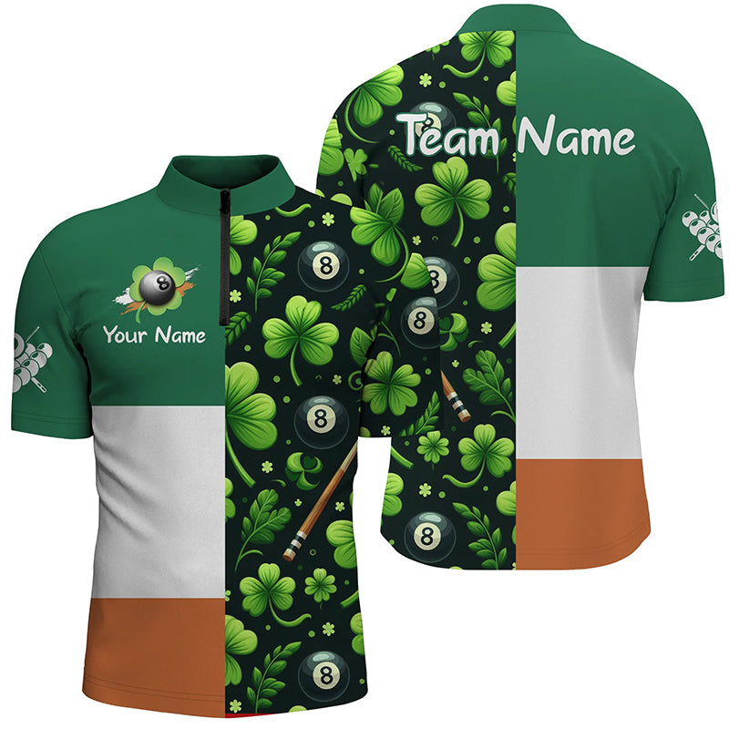 St Patrick Day Ireland Flag Custom Men Billiard Quarter-Zip Shirt Lucky Green Clover Shirt TDM1073