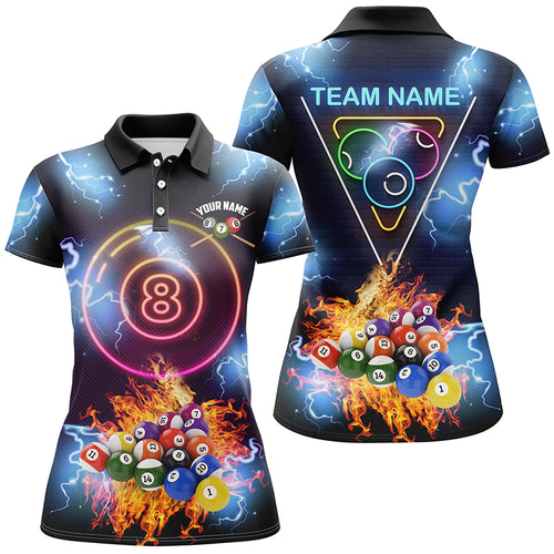 Personalized Billiard Ball 8 Neon Light Printing 3D Polo Shirts For Women, Custom Billiards Shirts TDM0078