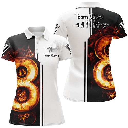 Personalized White Funny Pool Player 3D Fire Billiard Polo Shirts For Women, 8 Ball Billiard Shirts TDM0087