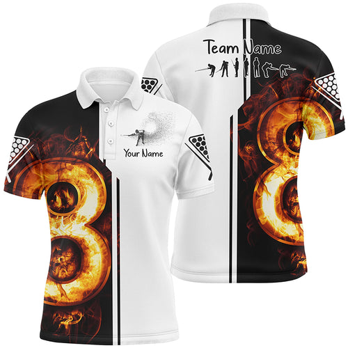 Personalized White Funny Pool Player 3D Fire Billiard Polo Shirts For Men, 8 Ball Billiard Shirts TDM0087