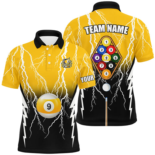 Custom Black Yellow 9 Ball Pool Thunder Billiard Polo Shirts For Men Best Billiard Team Shirts TDM0726