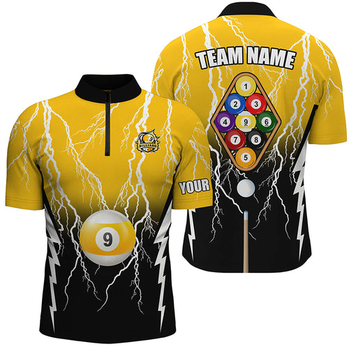 Custom Black Yellow 9 Ball Pool Thunder Men Quarter-Zip Shirts Best Billiard Team Shirts TDM0726