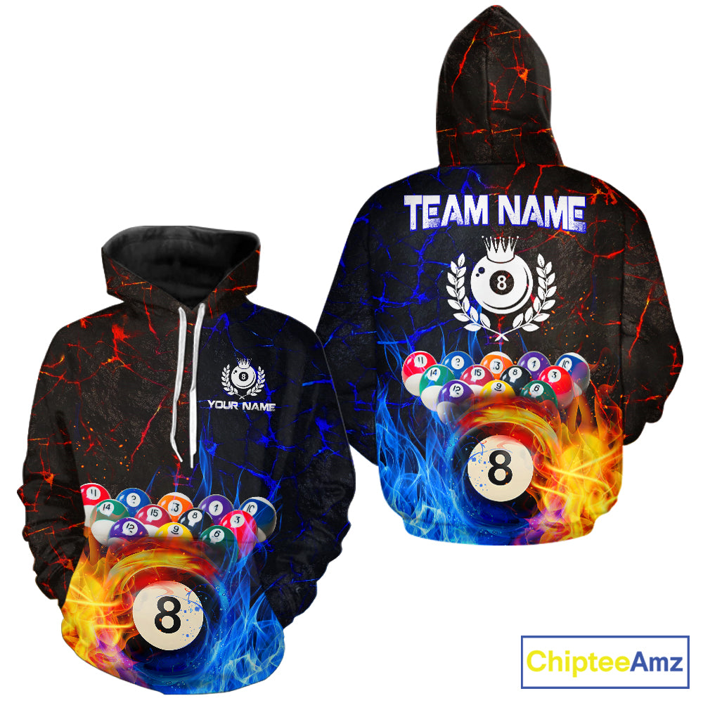 Custom Blue And Orange Flame 8 Ball Billiard Hoodie For Men And Women Custom Hoodie Pool Team Jersey TDM0571