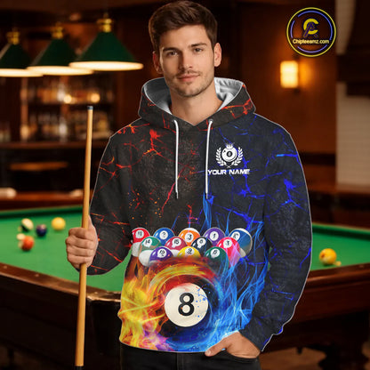Custom Blue And Orange Flame 8 Ball Billiard Hoodie For Men And Women Custom Hoodie Pool Team Jersey TDM0571