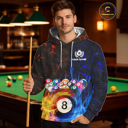 Custom Blue And Orange Flame 8 Ball Billiard Hoodie For Men And Women Custom Hoodie Pool Team Shirt TDM0571