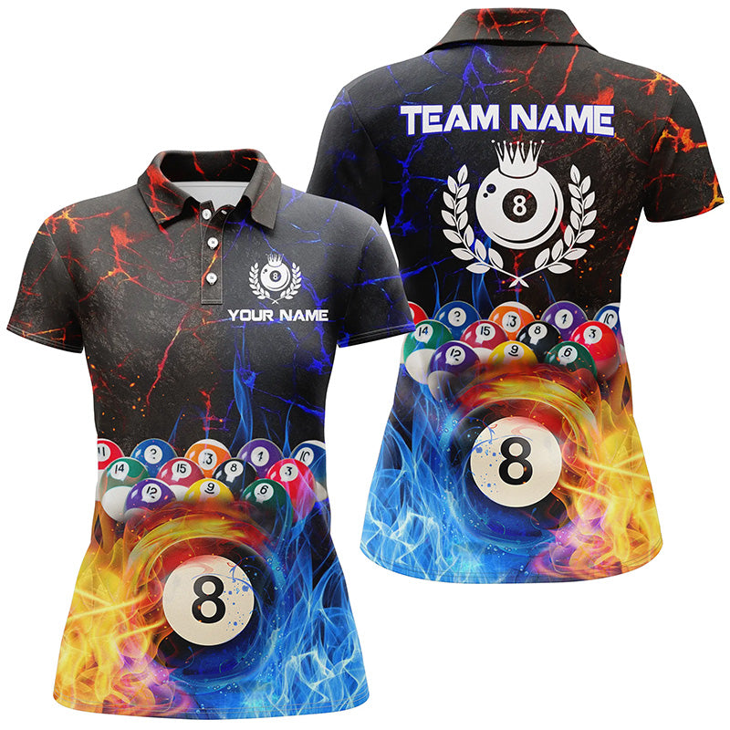 Billiard 8 Ball Water Fire Personalized Name 3D Polo Shirts For Women Custom Pool League Shirts TDM0571