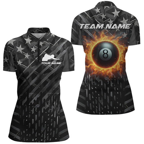 Custom Black US Flag 8 Ball Fire Women Billiard Quarter-Zip Shirt Patriotic Pool Team Jersey TDM1480