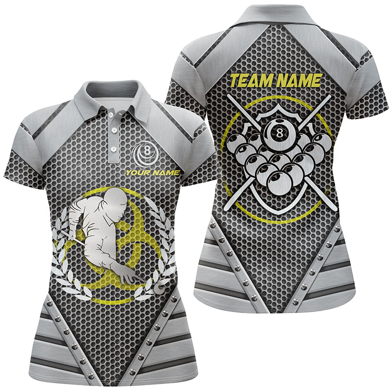 Personalized Silver Billiard Ball Polo Shirts For Women, Custom Billiard Polo Shirts For Pool Player TDM0142