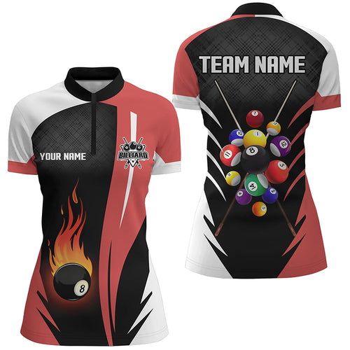 Personalized 8 Ball Pool Flame Women Quarter-Zip Shirts Custom Billiard Team Uniform Shirts TDM0395