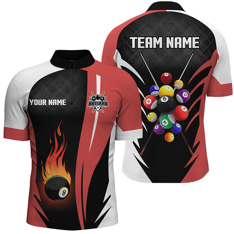 Personalized 8 Ball Pool Flame Men Quarter-Zip Shirts Custom Billiard Team Uniform Shirts TDM0395
