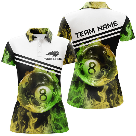 Personalized Name 8 Ball Billiard In Green And Yellow Flames All Over Print 3D Polo Shirts For Women TDM0159