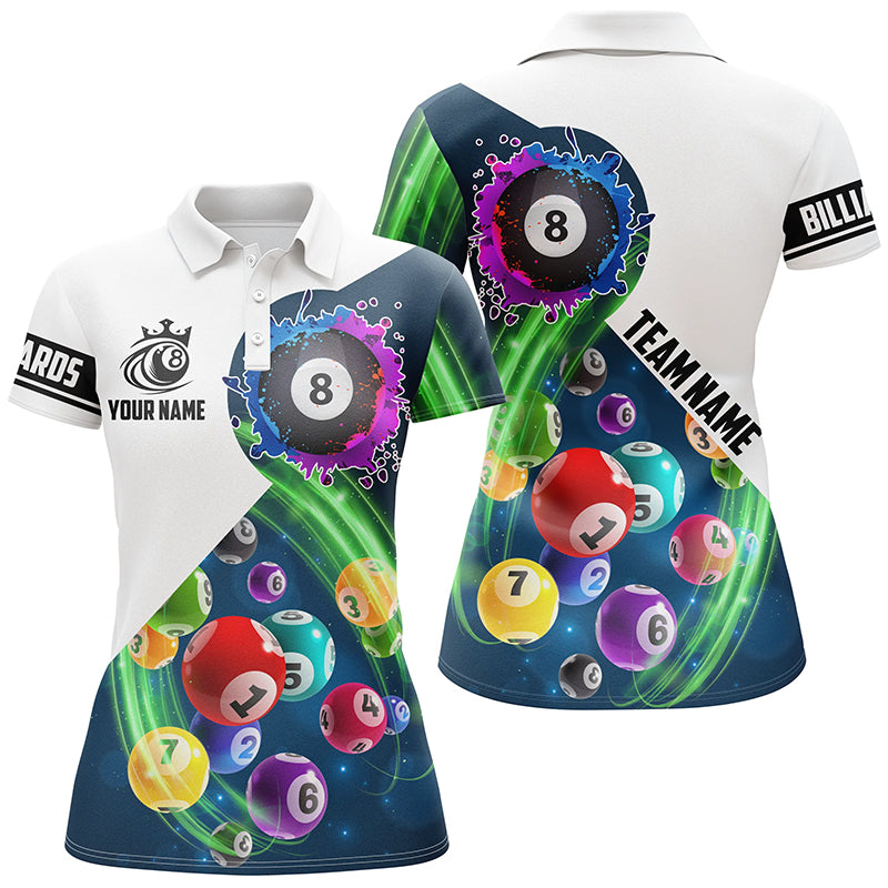 Multicolor Billiard Balls Custom Name 3D Polo Shirts For Women, Personalized Ball 8 Team Shirts TDM0164
