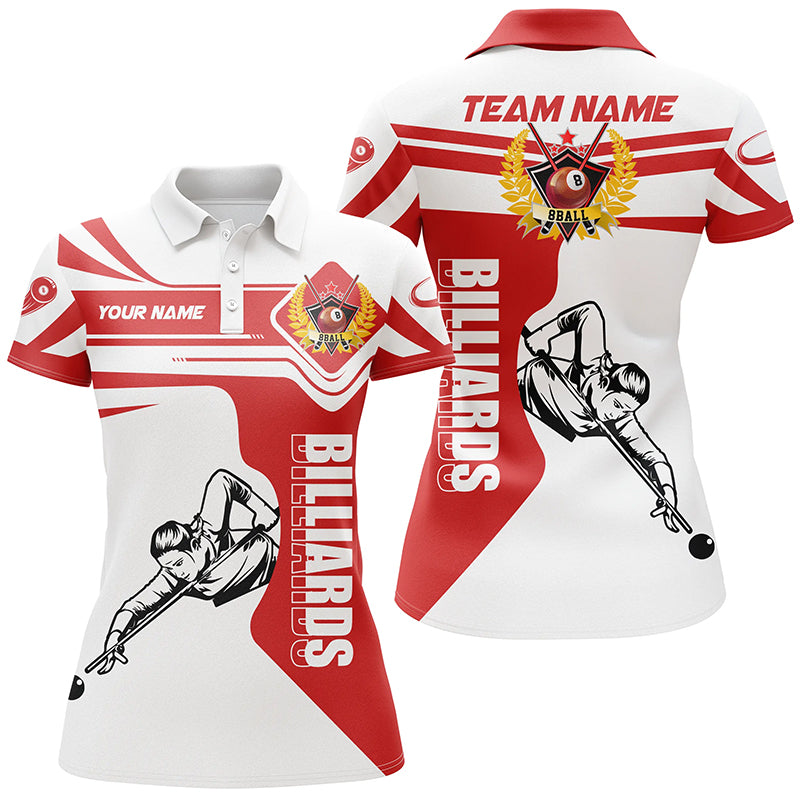 Personalized Billiard White And Red Pool Player Polo Shirts For Women, Custom Name Team For Player TDM0171