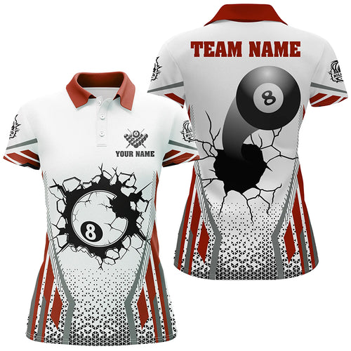 White Red 8 Ball Pool Cracked Wall Personalized Women Polo Shirts, Custom Billiard Attire Jerseys TDM1129