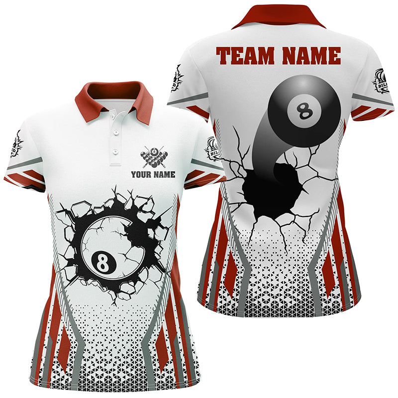 White Red 8 Ball Pool Cracked Wall Personalized Women Polo Shirts, Custom Billiard Attire Jerseys TDM1129