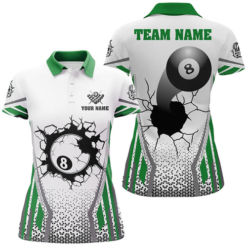 White Green 8 Ball Pool Cracked Wall Personalized Women Polo Shirts, Custom Billiard Attire Jerseys TDM1130