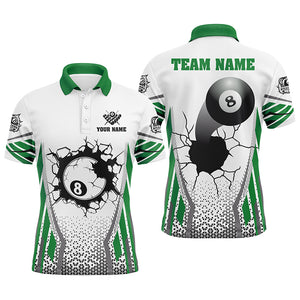 White Green 8 Ball Pool Cracked Wall Personalized Men Polo Shirts, Custom Billiard Attire Jerseys TDM1130