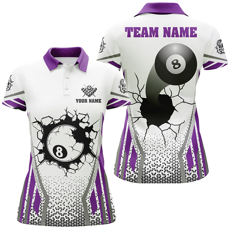 White Purple 8 Ball Pool Cracked Wall Personalized Women Polo Shirts, Custom Billiard Attire Jerseys TDM1131