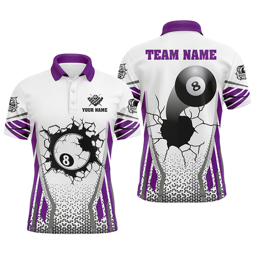 White Purple 8 Ball Pool Cracked Wall Personalized Men Polo Shirts, Custom Billiard Attire Jerseys TDM1131