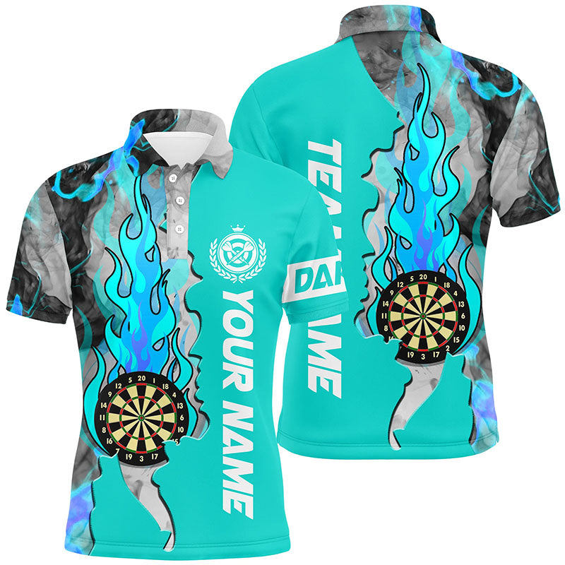 Personalized Turquoise Dart Board Fire Flame Smoke Men Darts Polo Shirt Custom Unique Darts Jerseys TDM1308