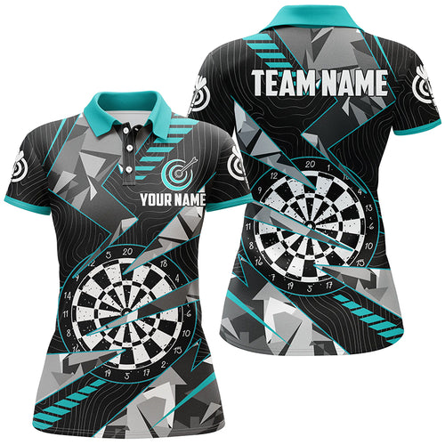 Personalized Black Turquoise Grunge Darts Board Women Dart Polo Shirt Custom Team League Darts Jersey TDM1517