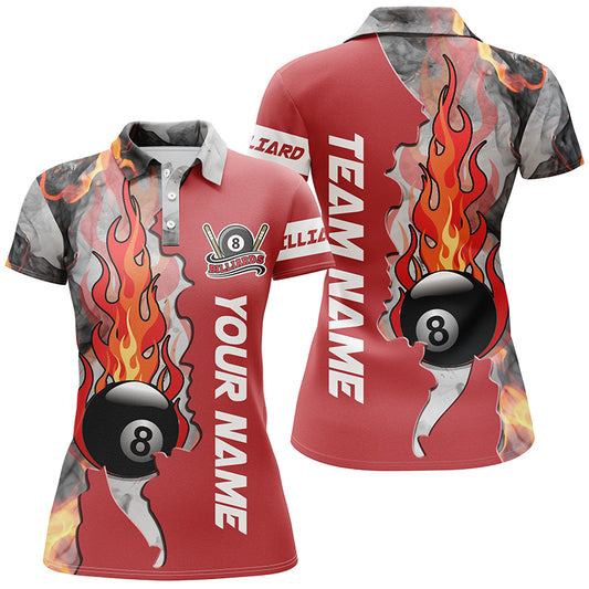 Personalized 8 Ball Fire Smoke Billiard Women's Shirts Red Version Custom Pool Team Polo Shirts TDM0425