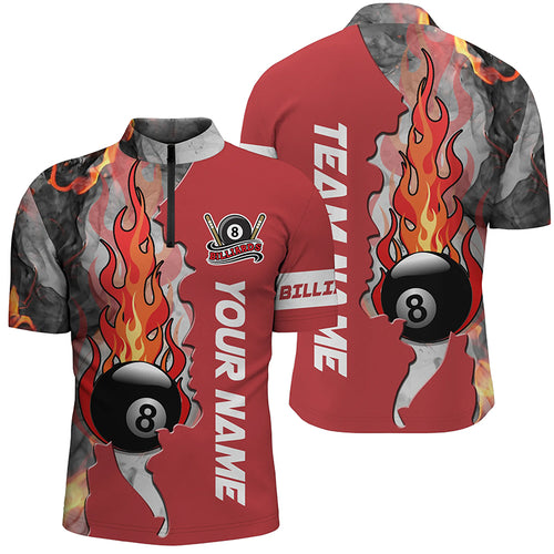 Personalized 8 Ball Fire Smoke Red Billiard Men Quarter-Zip Shirts Custom Billiard Attire TDM0425