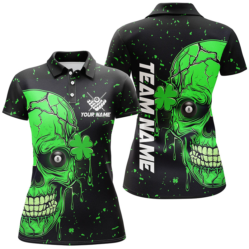 Personalized Patrick 3D Green Skull Luckiest Billiard Women Polo Shirts, Patrick Day Billiard Jerseys TDM1144