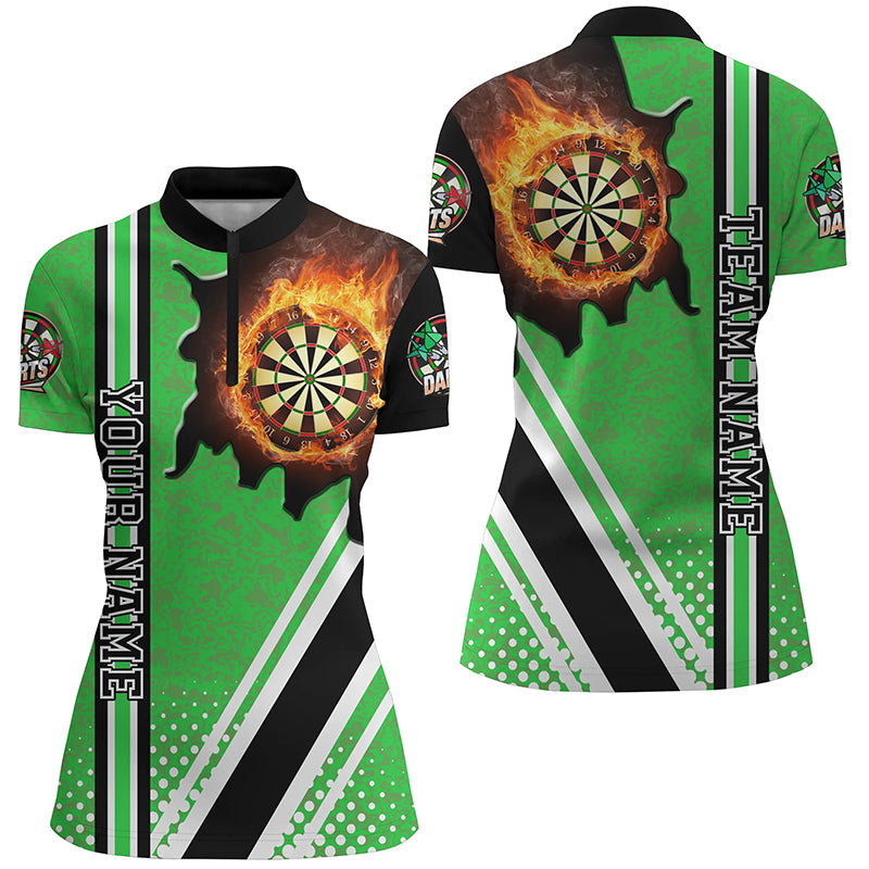 Black Green Darts Board Fire Flame Women Darts Quarter-Zip Shirts Custom Dart Team Jersey TDM1335