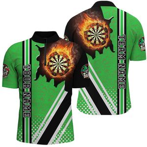 Black Green Darts Board Fire Flame Men Darts Quarter-Zip Shirts Custom Dart Team Jersey TDM1335