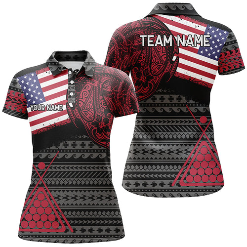 Personalized Billiard Tribal Pattern American Flag Polo Shirts For Women, Custom Billiard Jerseys TDM0231