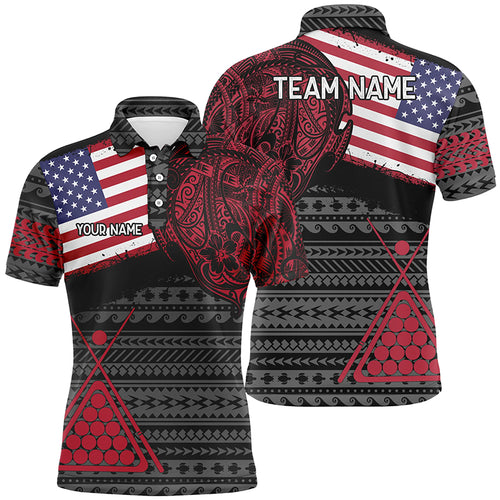 Personalized Billiard Tribal Pattern American Flag Polo Shirts For Men, Custom Billiard Jerseys TDM0231