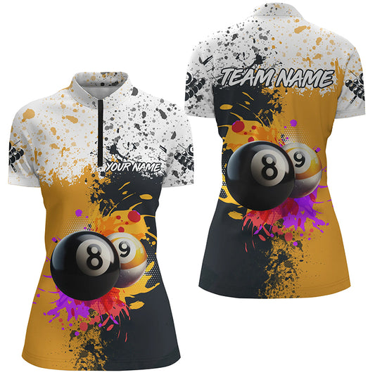 Personalized Billiard 8 Ball & 9 Ball Grunge Style Women Quarter-Zip Shirts, Billiard Attire TDM1015