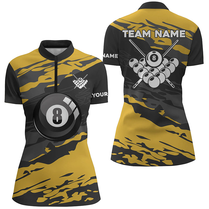 Custom Black Yellow Camouflage Billiard Women Quarter-Zip Shirt, 8 Ball Billiard Pool Shirts TDM0665
