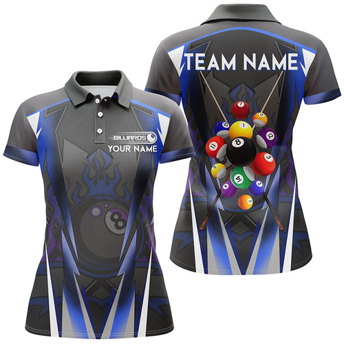 Blue 8 Ball Pool Fire Billiard Balls Women Polo Shirts Customized Team League Billiard Jersey TDM1354