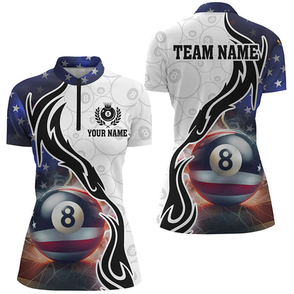 3D 8 Ball Pool Lightning US Flag Personalized Billiard Shirts For Women, Patriotic Shirts For Pooler TDM1568