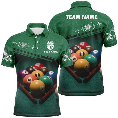 Green Billiard Balls Personalized Name Men Polo Shirts, Custom 3D Billiard Shirts For Pool Lover TDM0279