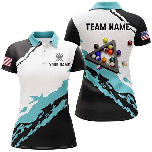 Custom 3D Black Blue Billiard Balls Polo Shirts For Women Custom Team Name Billiard Jerseys TDM0286